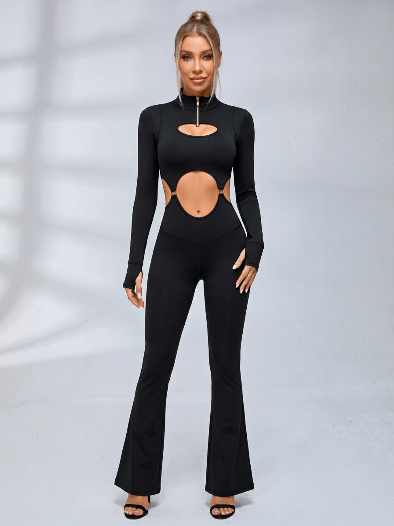 Half Zip Cutout Waist Long Sleeve Flared Jumpsuit