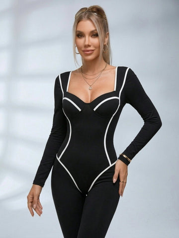 Sweetheart Neckline Long Sleeve Yoga Jumpsuit