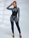 Color Block Half Zip Long Sleeve Fitness Jumpsuit