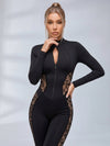 Lace Panel Zip‑Front Open Back Long Sleeve Jumpsuit