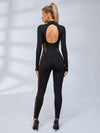 Lace Panel Zip‑Front Open Back Long Sleeve Jumpsuit