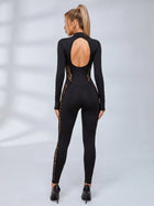 Lace Panel Zip‑Front Open Back Long Sleeve Jumpsuit