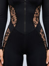 Lace Panel Zip‑Front Open Back Long Sleeve Jumpsuit