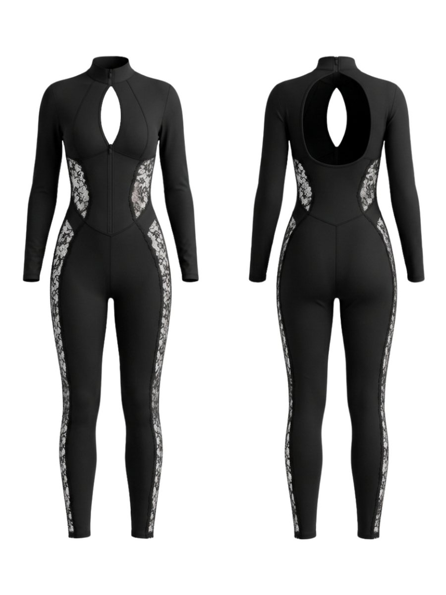 Lace Panel Zip‑Front Open Back Long Sleeve Jumpsuit