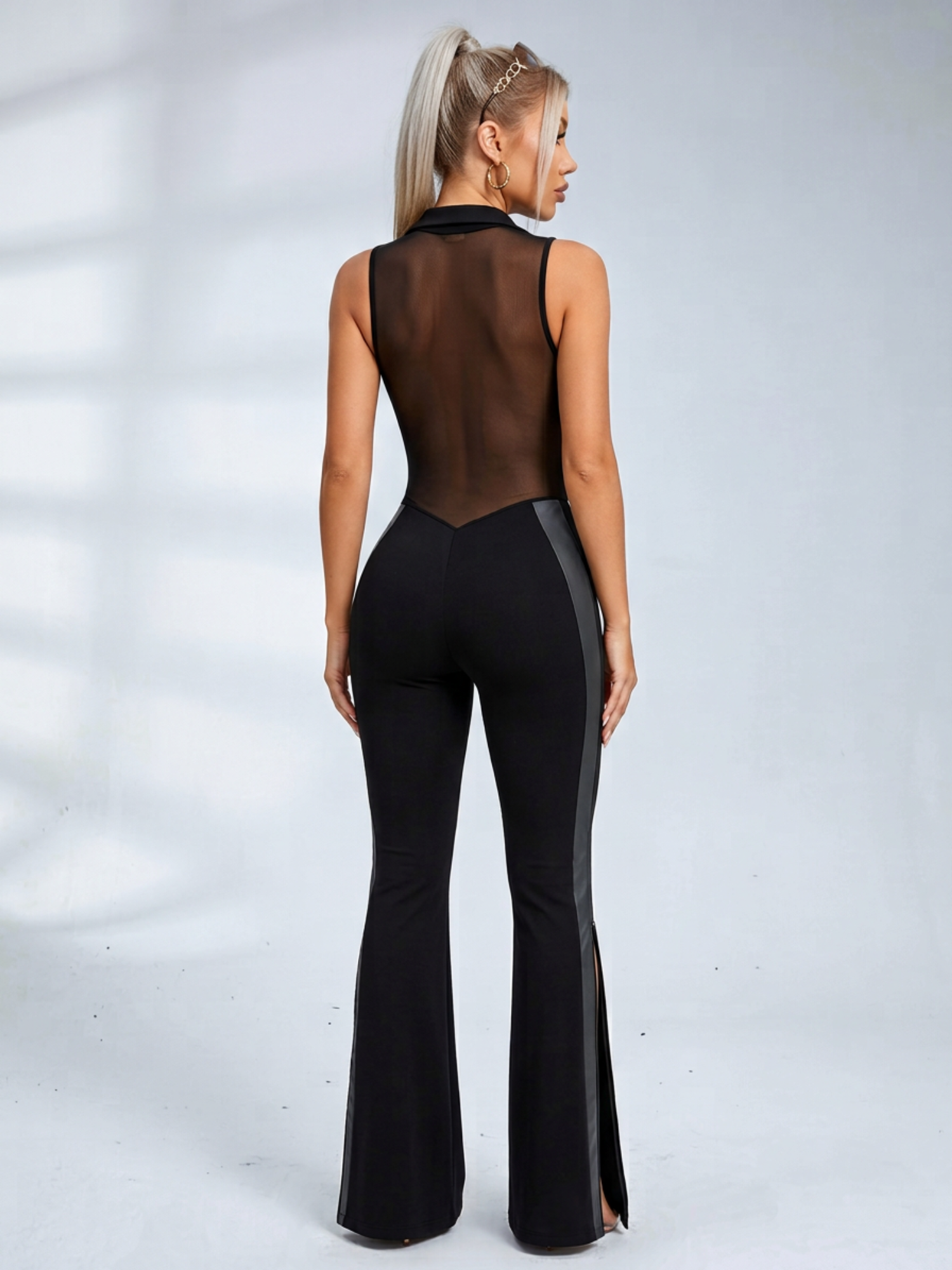 High Stretch See‑Through Back Flare Jumpsuit