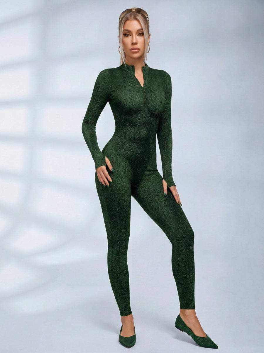 Half‑Zip Long Sleeve Printed Bodycon Jumpsuit