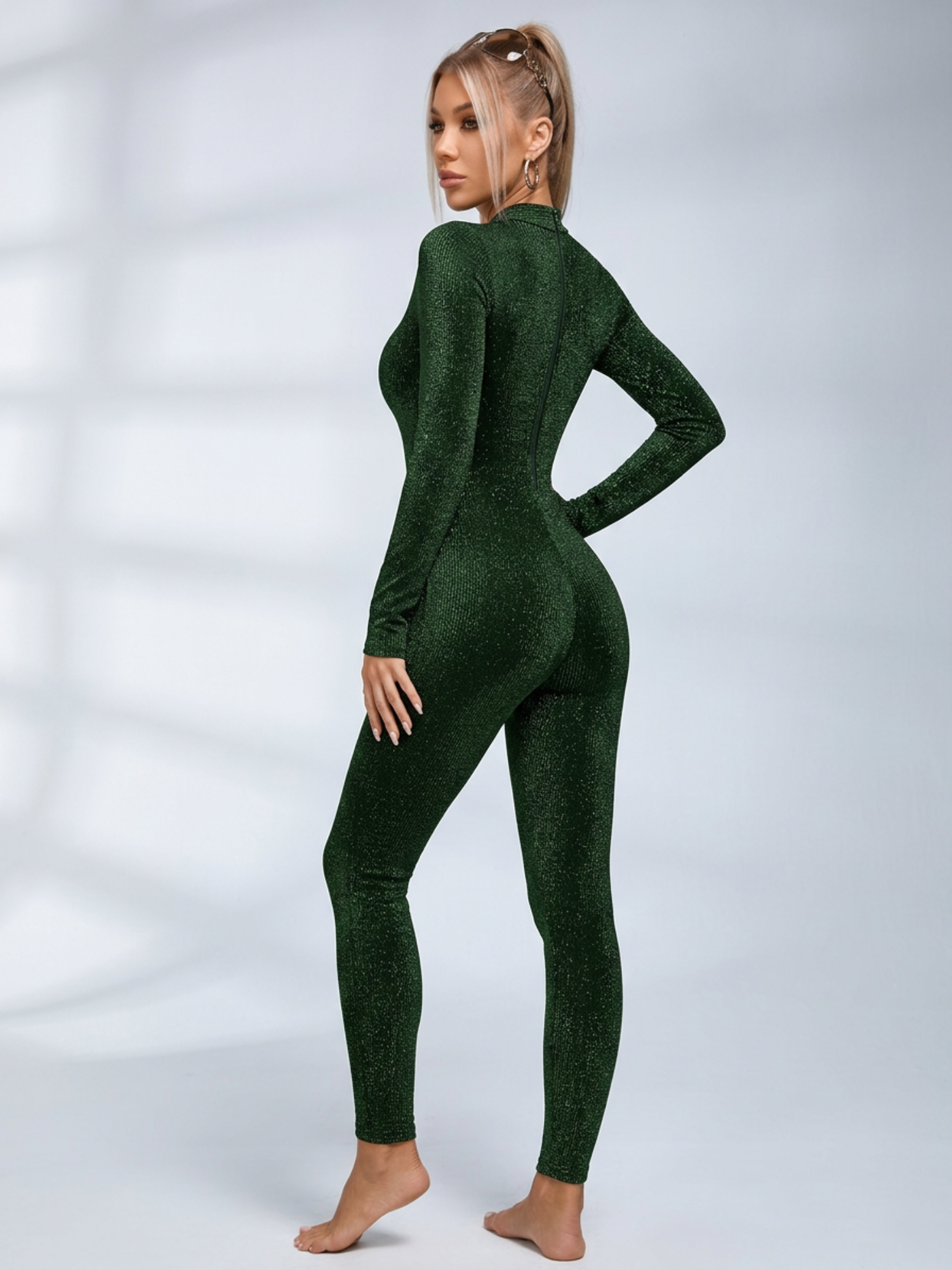 Half‑Zip Long Sleeve Printed Bodycon Jumpsuit
