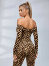Leopard Print Off‑Shoulder Long Sleeve Bodycon Jumpsuit
