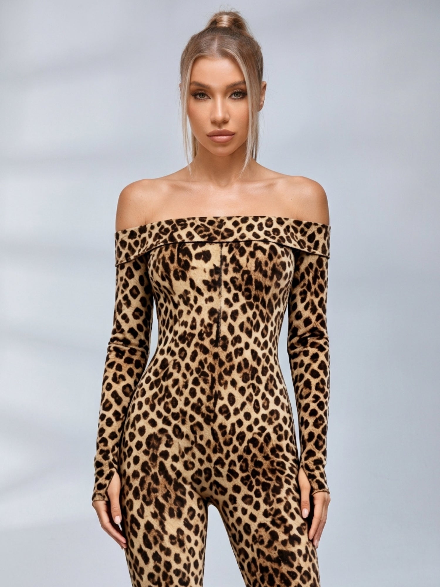 Leopard Print Off‑Shoulder Long Sleeve Bodycon Jumpsuit