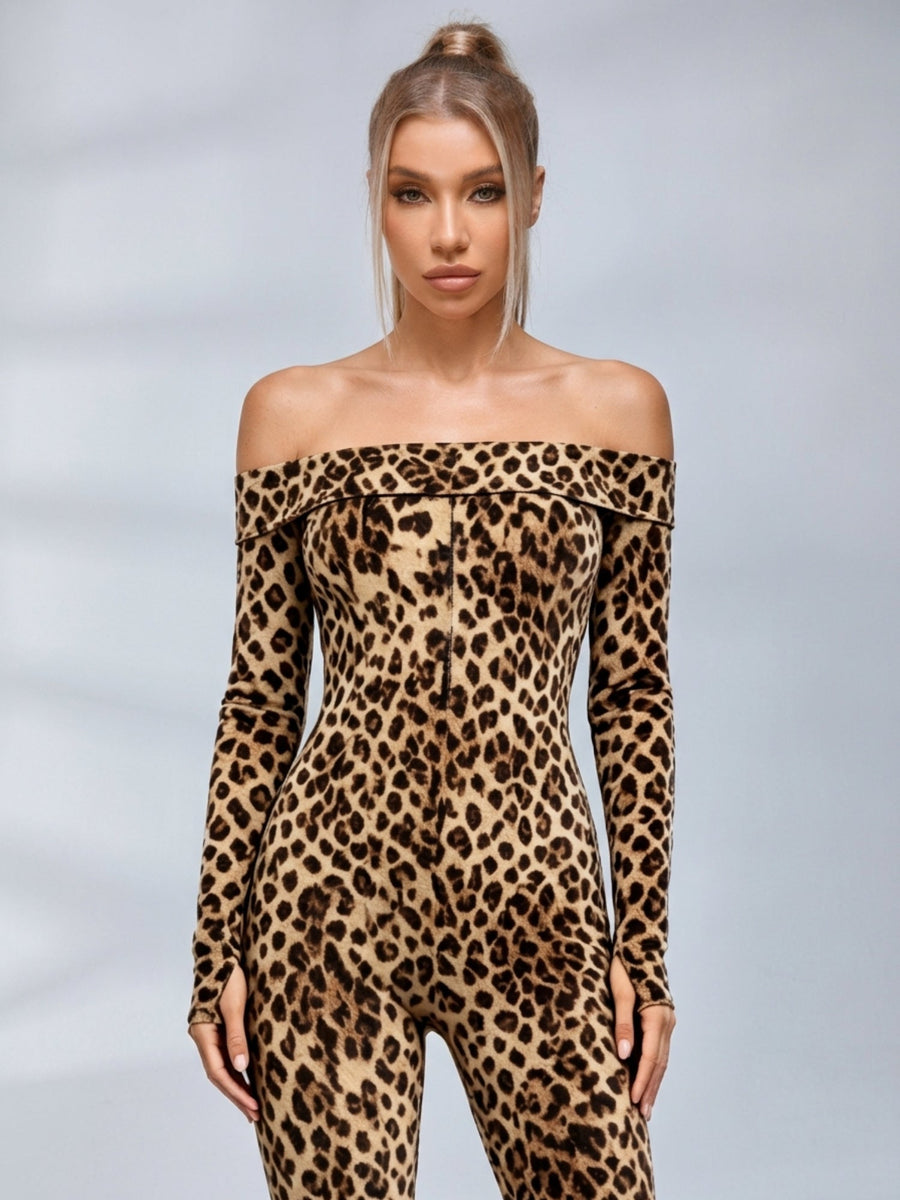 Leopard Print Off‑Shoulder Long Sleeve Bodycon Jumpsuit
