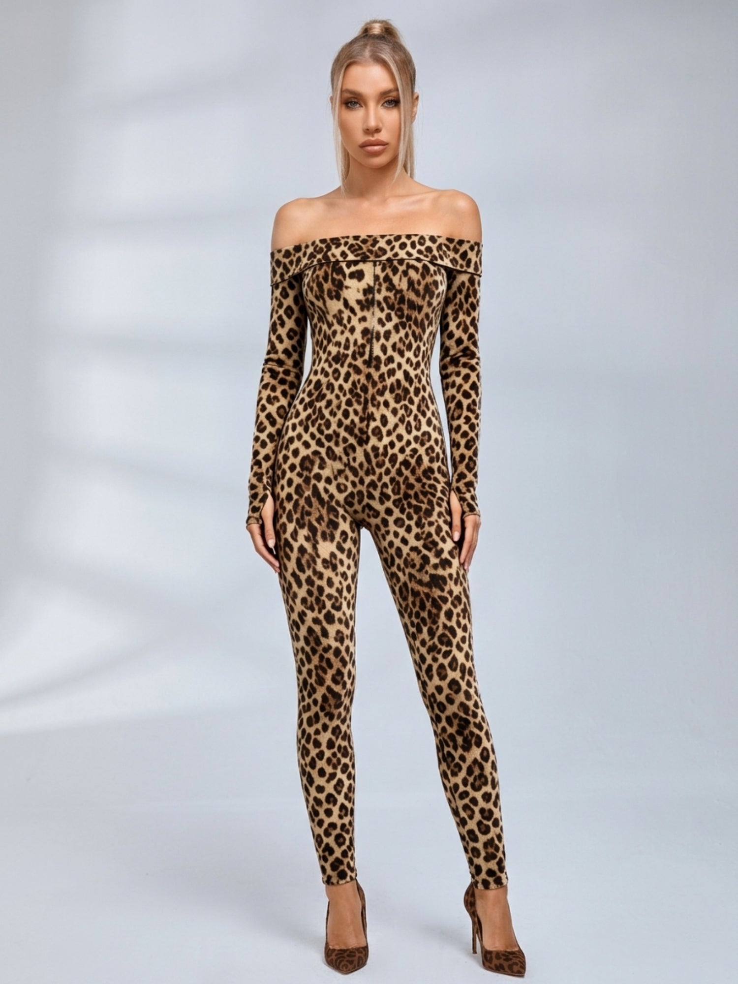 Leopard Print Off‑Shoulder Long Sleeve Bodycon Jumpsuit