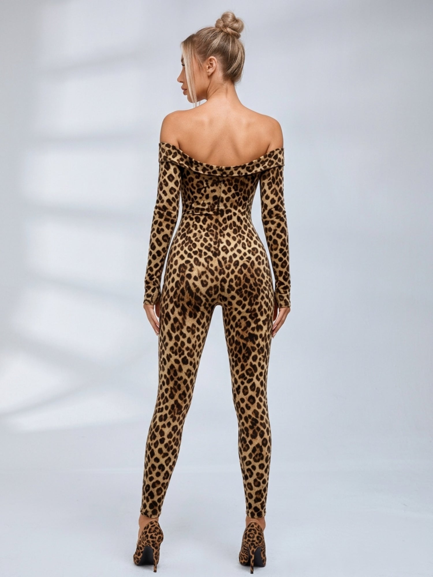 Leopard Print Off‑Shoulder Long Sleeve Bodycon Jumpsuit