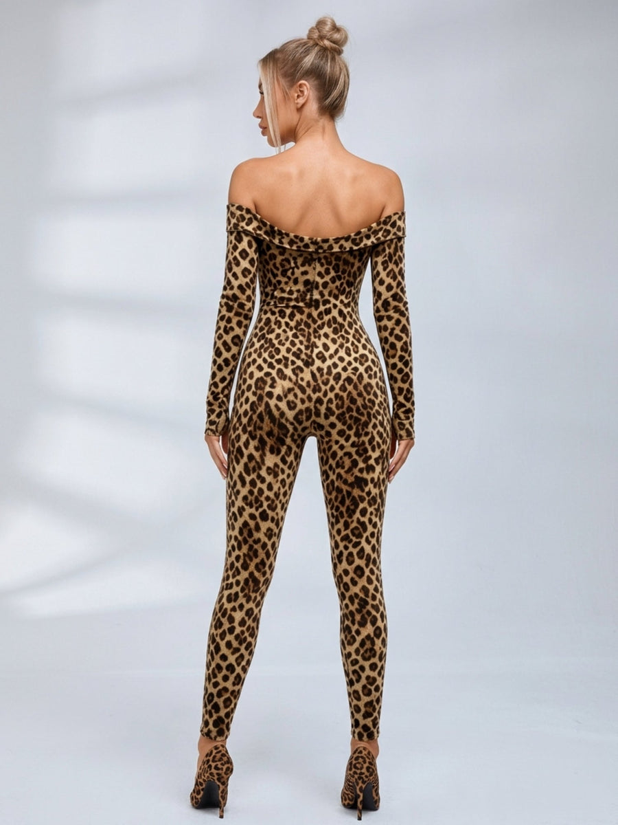 Leopard Print Off‑Shoulder Long Sleeve Bodycon Jumpsuit
