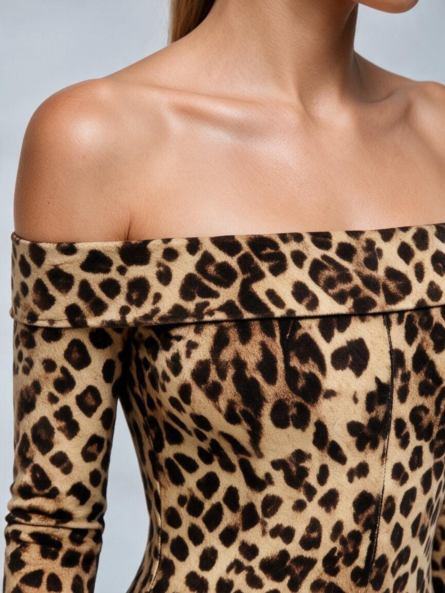 Leopard Print Off‑Shoulder Long Sleeve Bodycon Jumpsuit