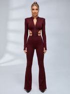 Zip Front Cutout Long Sleeve Flare Leg Jumpsuit