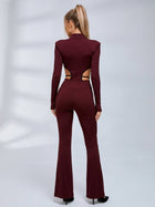 Zip Front Cutout Long Sleeve Flare Leg Jumpsuit