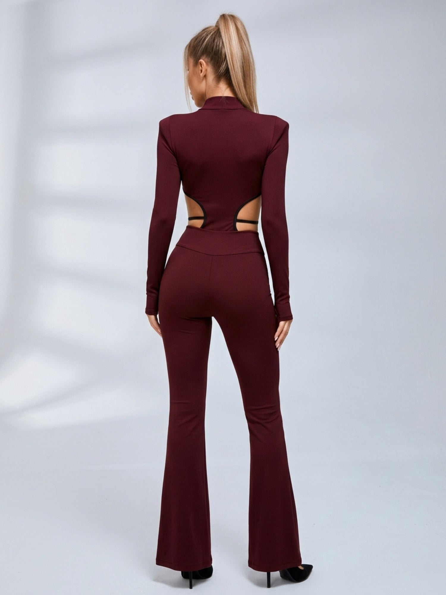 Zip Front Cutout Long Sleeve Flare Leg Jumpsuit