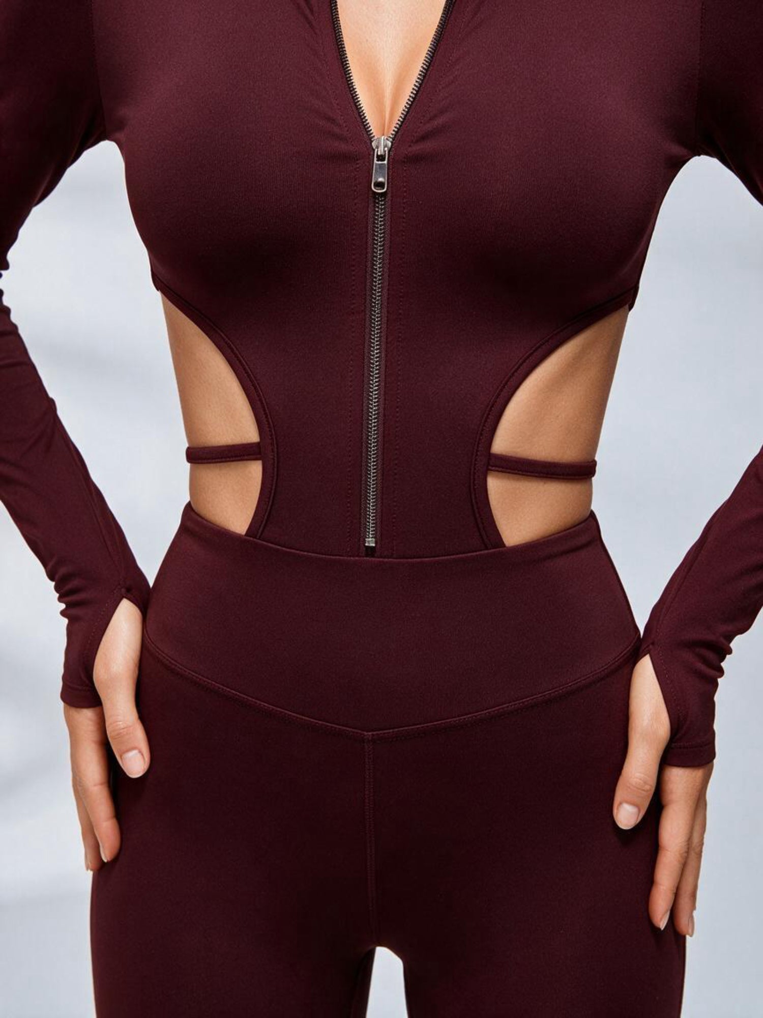 Zip Front Cutout Long Sleeve Flare Leg Jumpsuit