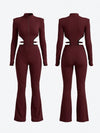 Zip Front Cutout Long Sleeve Flare Leg Jumpsuit