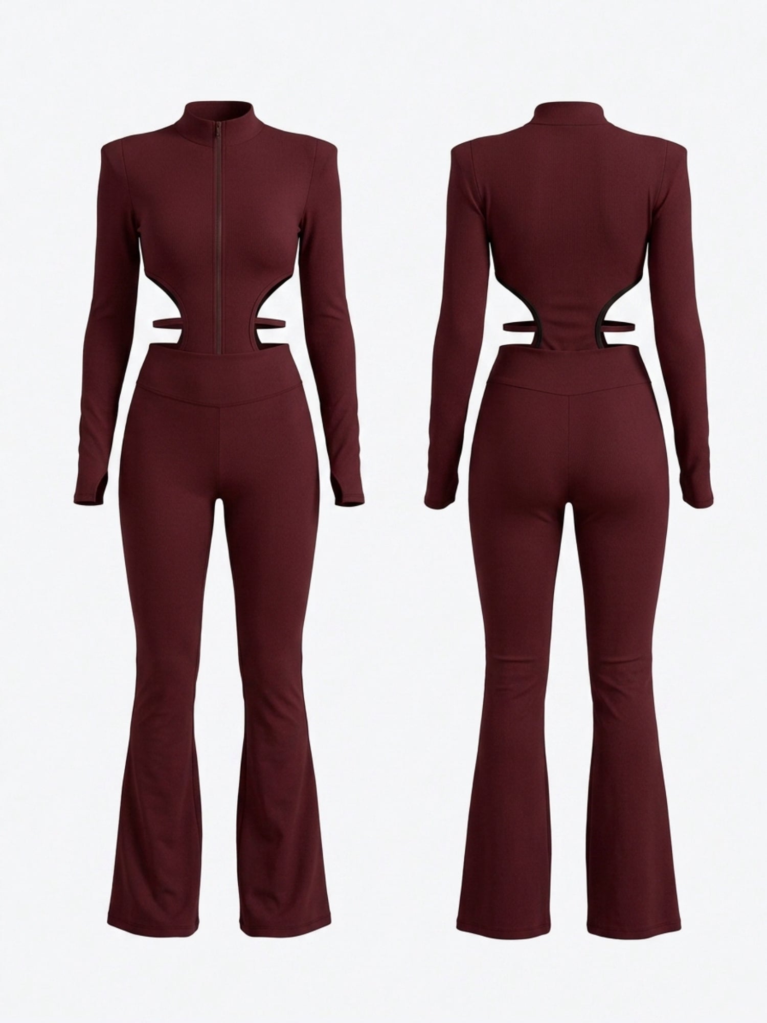 Zip Front Cutout Long Sleeve Flare Leg Jumpsuit