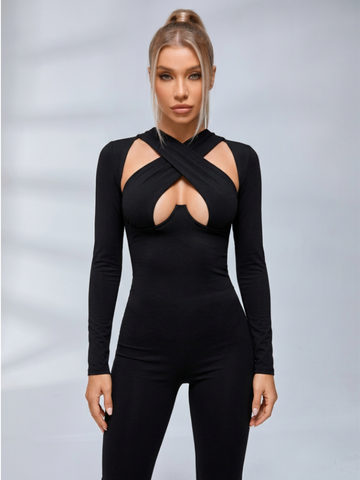 Cross Cutout Open Back Long Sleeve Flare Jumpsuit