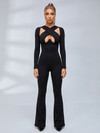 Cross Cutout Open Back Long Sleeve Flare Jumpsuit