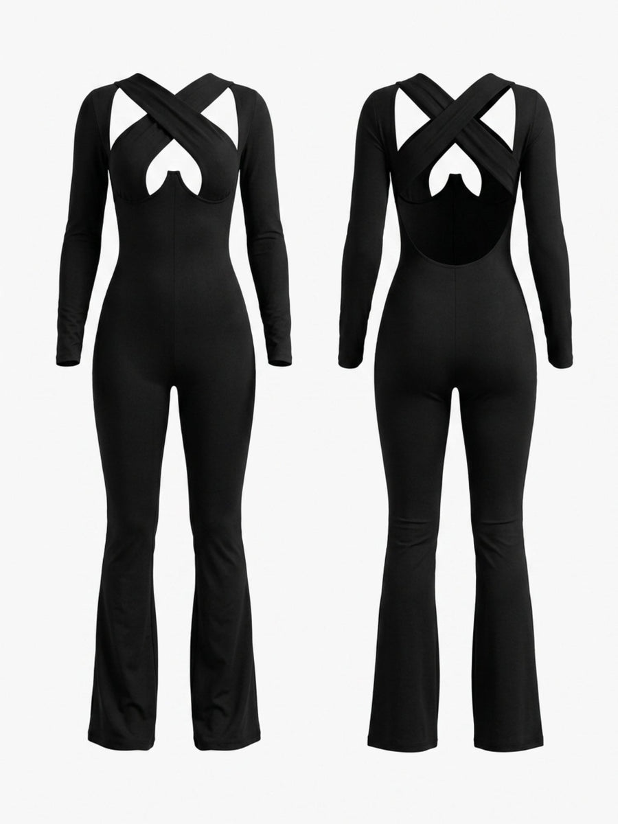 Cross Cutout Open Back Long Sleeve Flare Jumpsuit