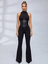 Sleeveless Mock Neck Faux Leather Corset Flare Jumpsuit