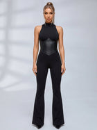 Sleeveless Mock Neck Faux Leather Corset Flare Jumpsuit