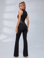 Sleeveless Mock Neck Faux Leather Corset Flare Jumpsuit
