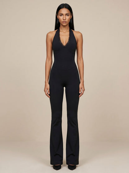 Halter Lace Trim Flare Jumpsuit
