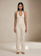Halter Lace Trim Flare Jumpsuit