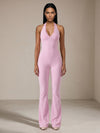 Halter Lace Trim Flare Jumpsuit