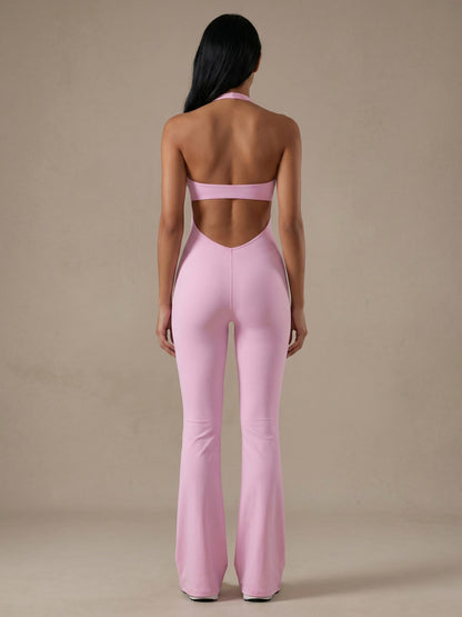 Halter Lace Trim Flare Jumpsuit