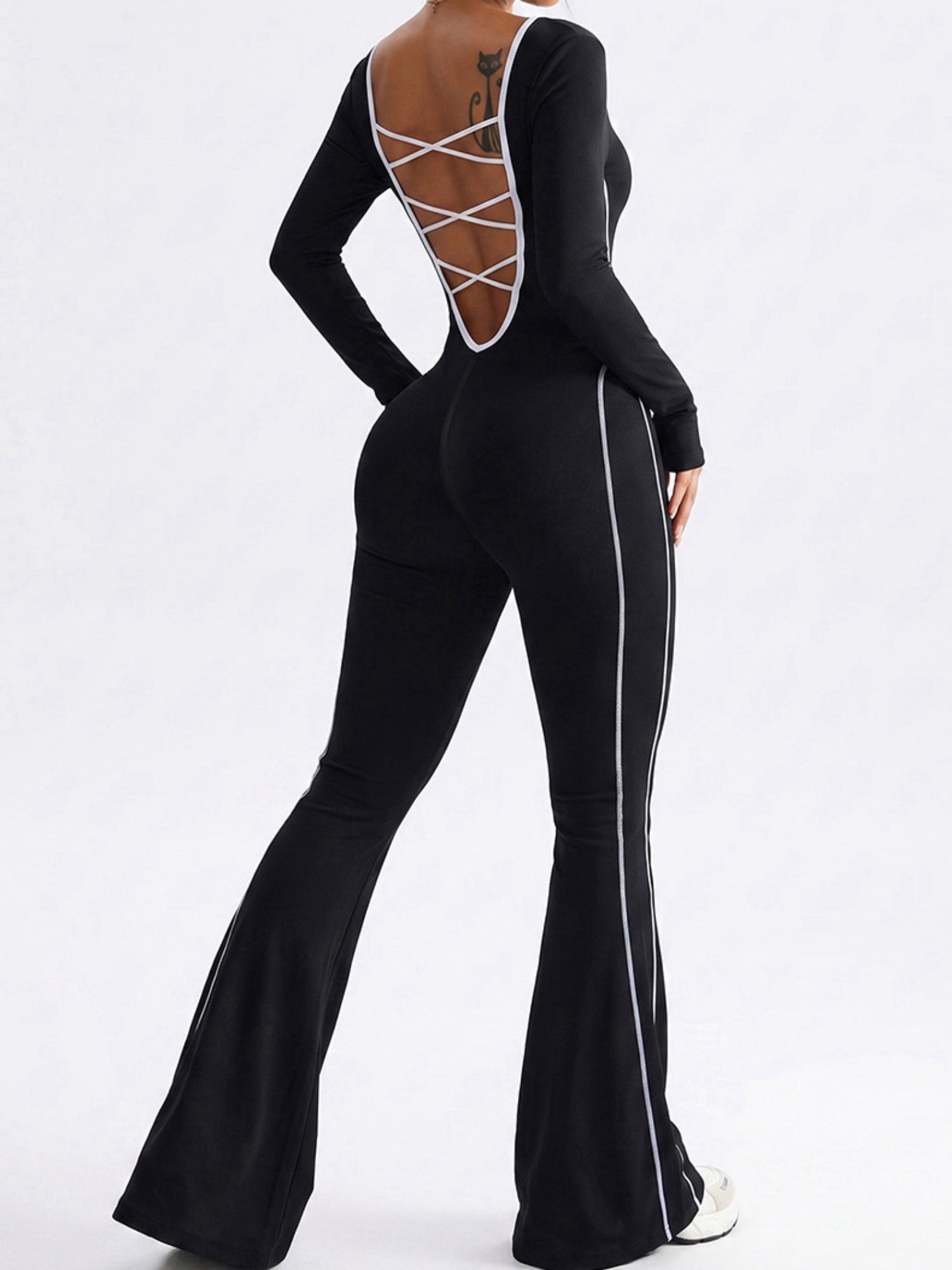 Lace Up Back Long Sleeve Flared Jumpsuit