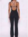 Color Block Double Strap Crisscross Back Flare Jumpsuit