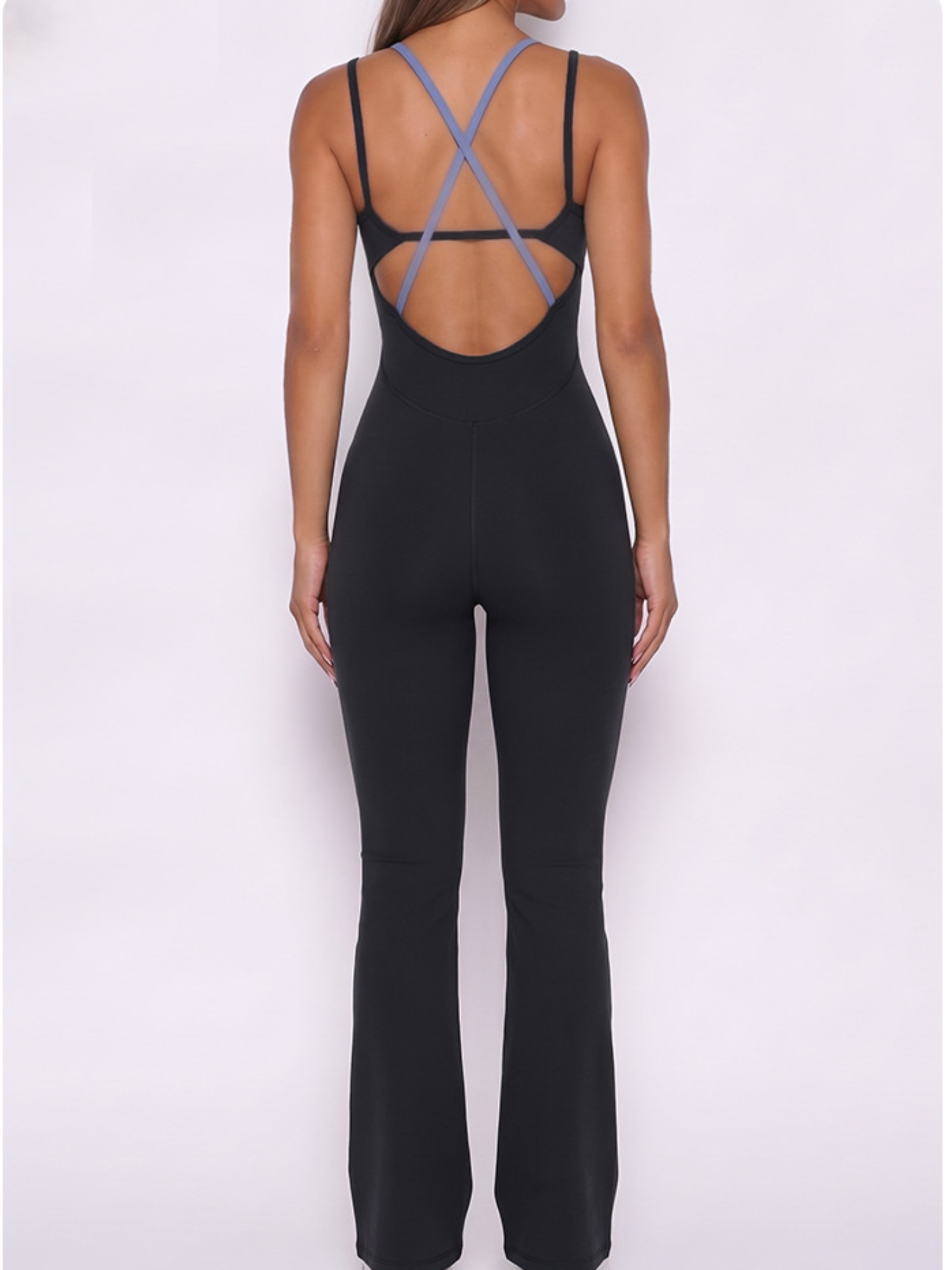 Color Block Double Strap Crisscross Back Flare Jumpsuit