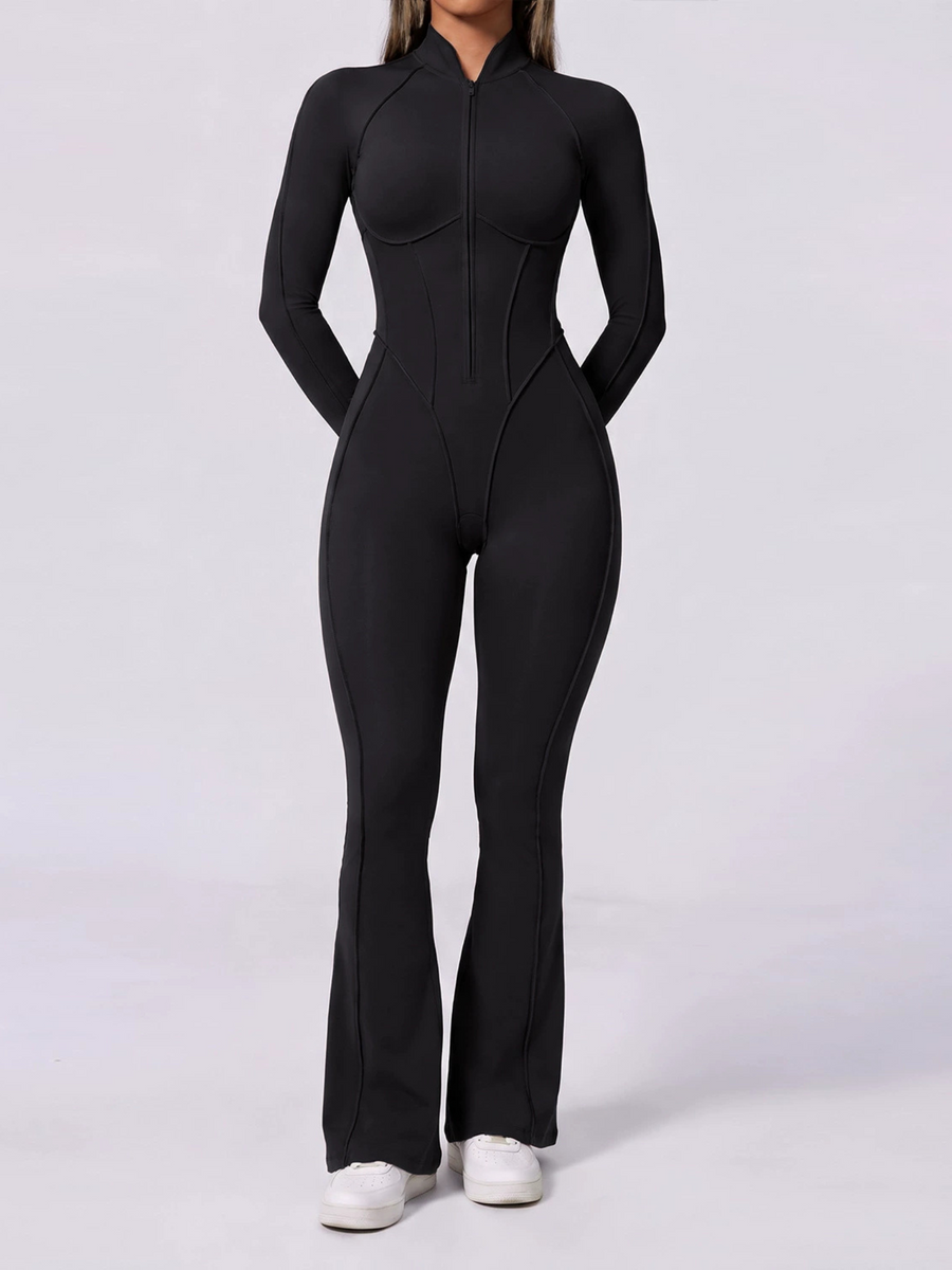Half Zip High Neck Long Sleeve Shaping Flare Jumpsuit