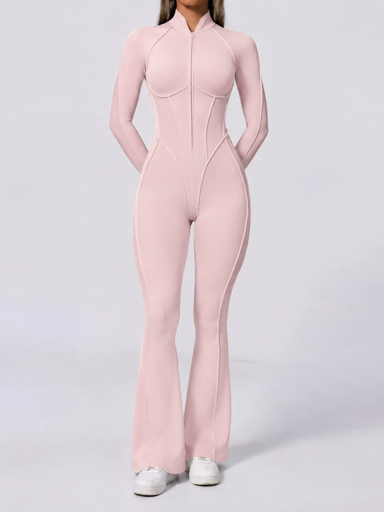 Half Zip High Neck Long Sleeve Shaping Flare Jumpsuit