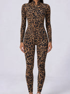 Leopard Print Front Zip Long Sleeve Slim Jumpsuit