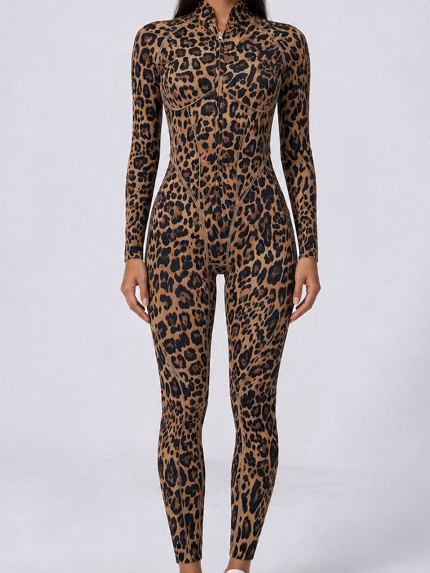 Leopard Print Front Zip Long Sleeve Slim Jumpsuit