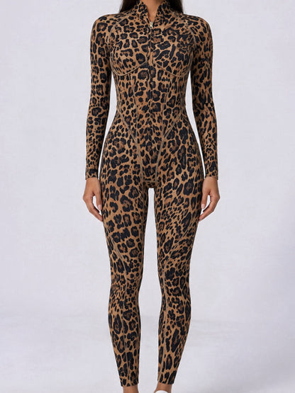 Leopard Print Front Zip Long Sleeve Slim Jumpsuit