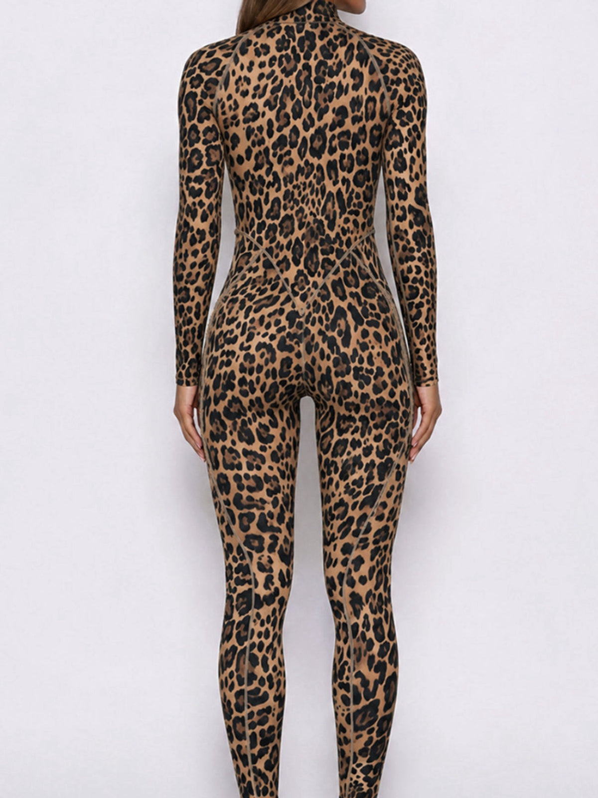 Leopard Print Front Zip Long Sleeve Slim Jumpsuit