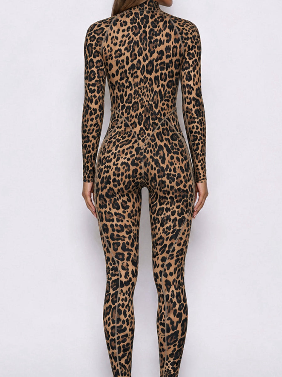 Leopard Print Front Zip Long Sleeve Slim Jumpsuit