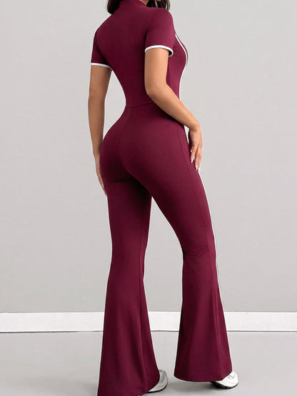 Half Zip Stand Collar Side White Stripe Slim Short Sleeve Flare Jumpsuit