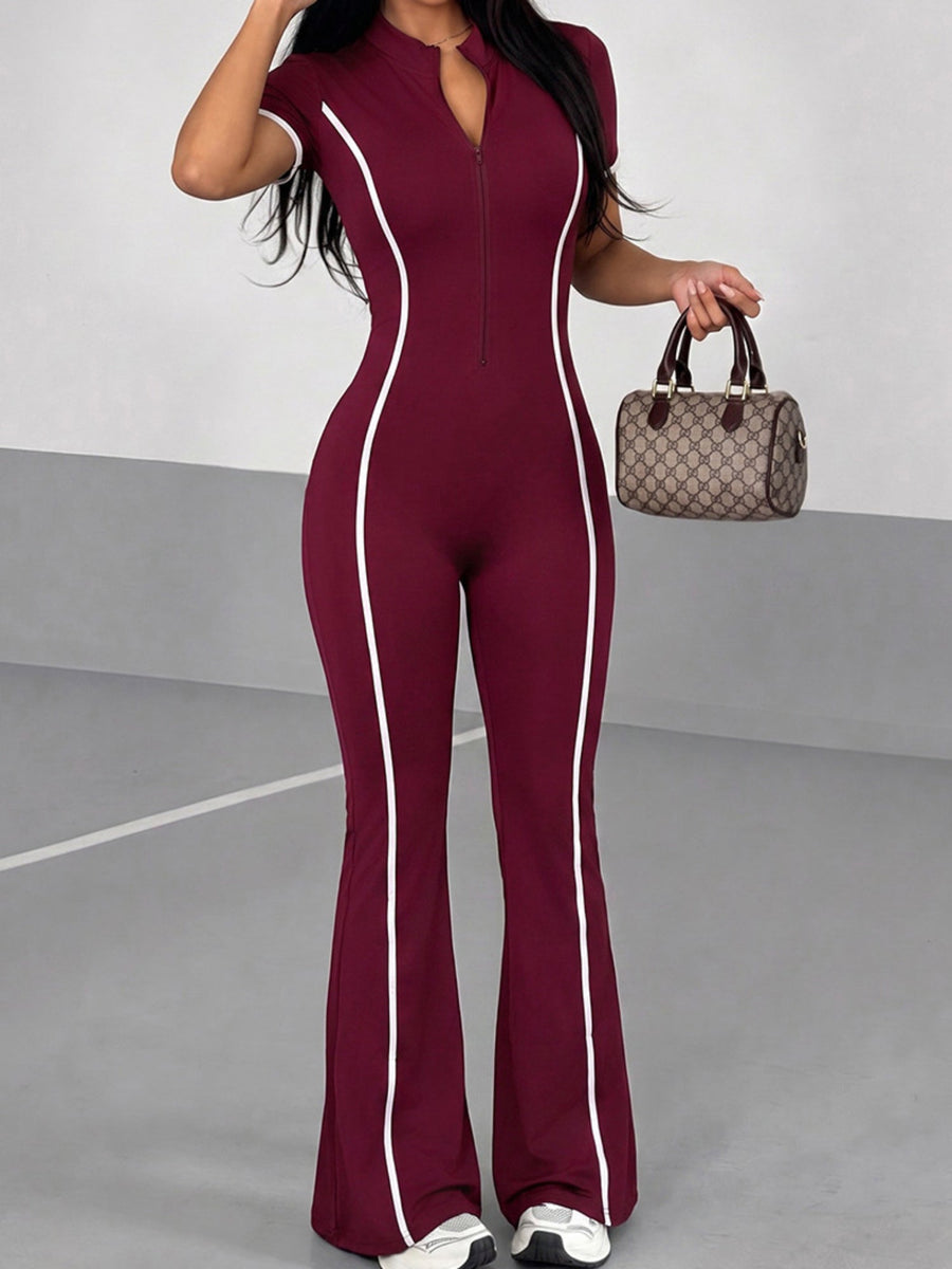Half Zip Stand Collar Side White Stripe Slim Short Sleeve Flare Jumpsuit