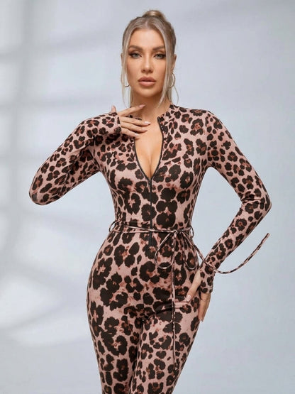 Leopard Print Zipper Cutout Tie Waist Flare Jumpsuit