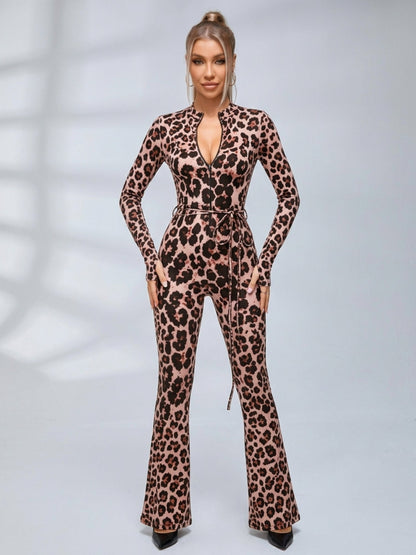 Leopard Print Zipper Cutout Tie Waist Flare Jumpsuit