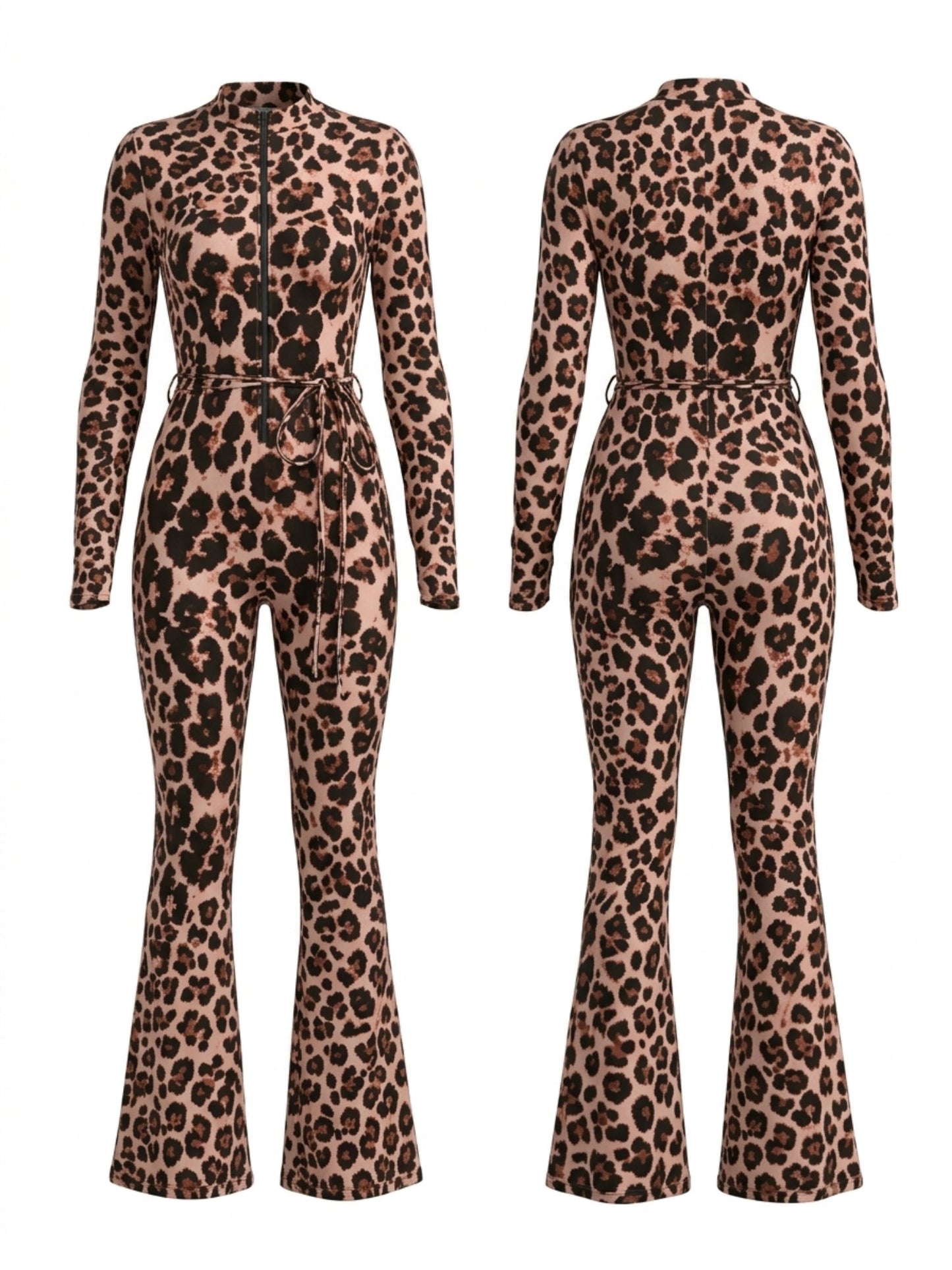 Leopard Print Zipper Cutout Tie Waist Flare Jumpsuit