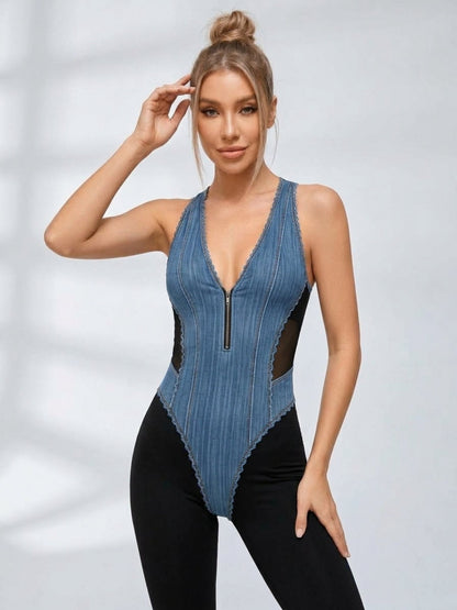Faux Denim Mesh Patchwork V Neck Bodysuit High Waist Leggings 2 Piece Set